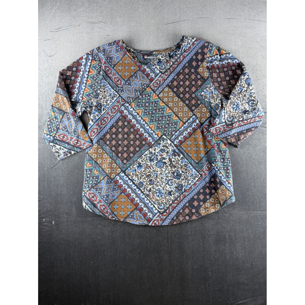 Allison Dale Petite PM M Patchwork Floral Knit Top 3/4 Sleeve Multi-Color Boho